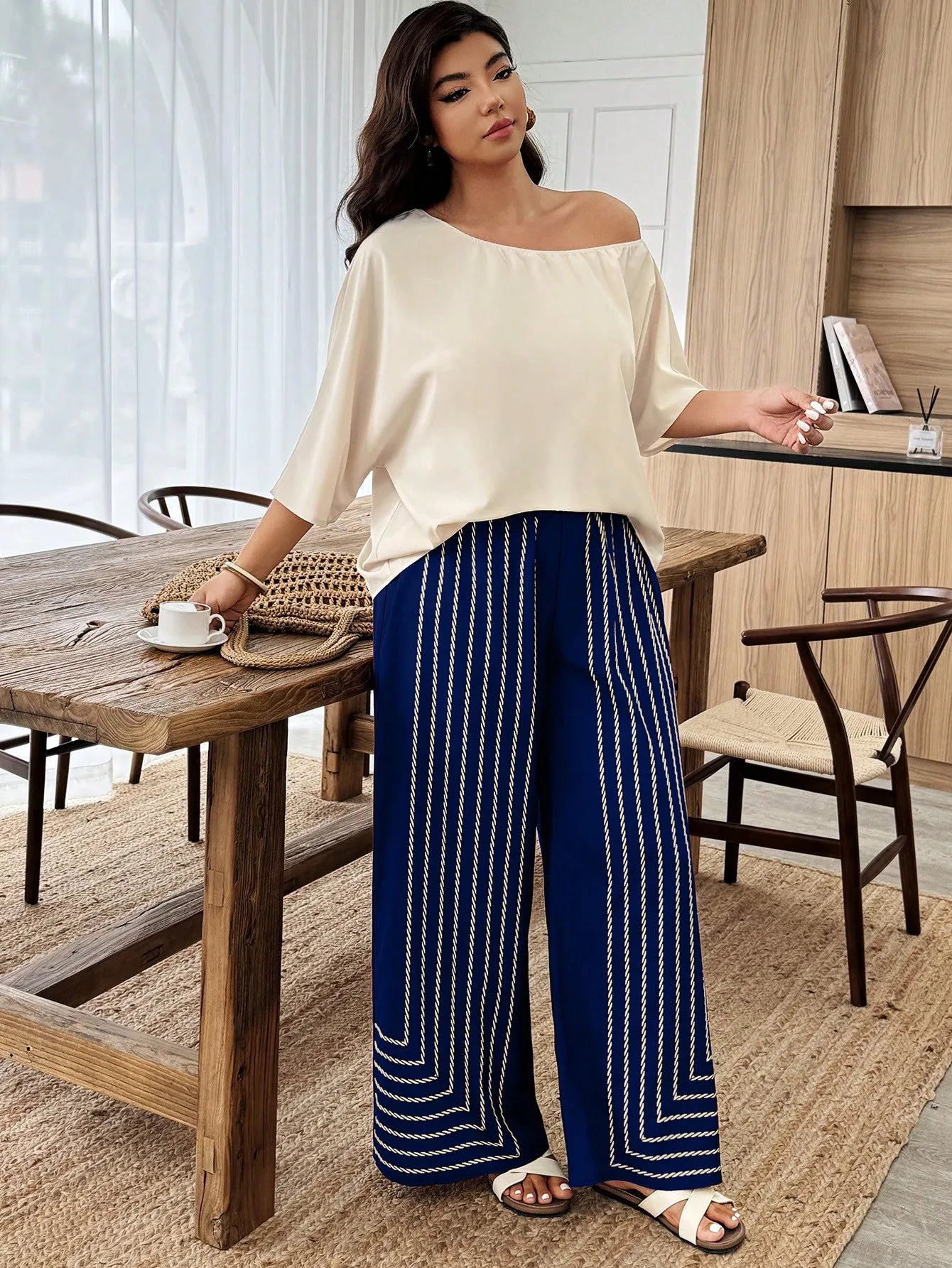 Plus Size Women 2-Piece Linen-Like Crinkle Top And Floral Print Wide Leg Pants Casual Spring Summer Outfit