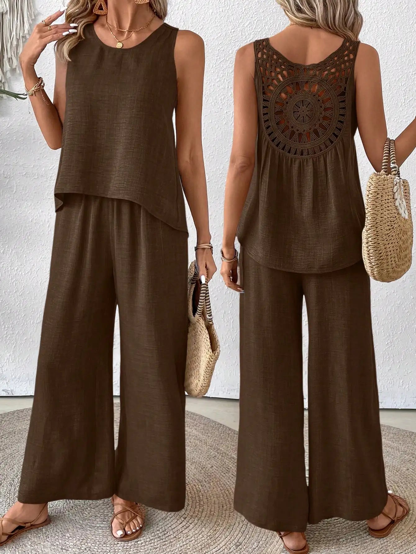 Sleeveless Top With Crochet Back And Wide Leg Pants Set Beige For Spring Summer