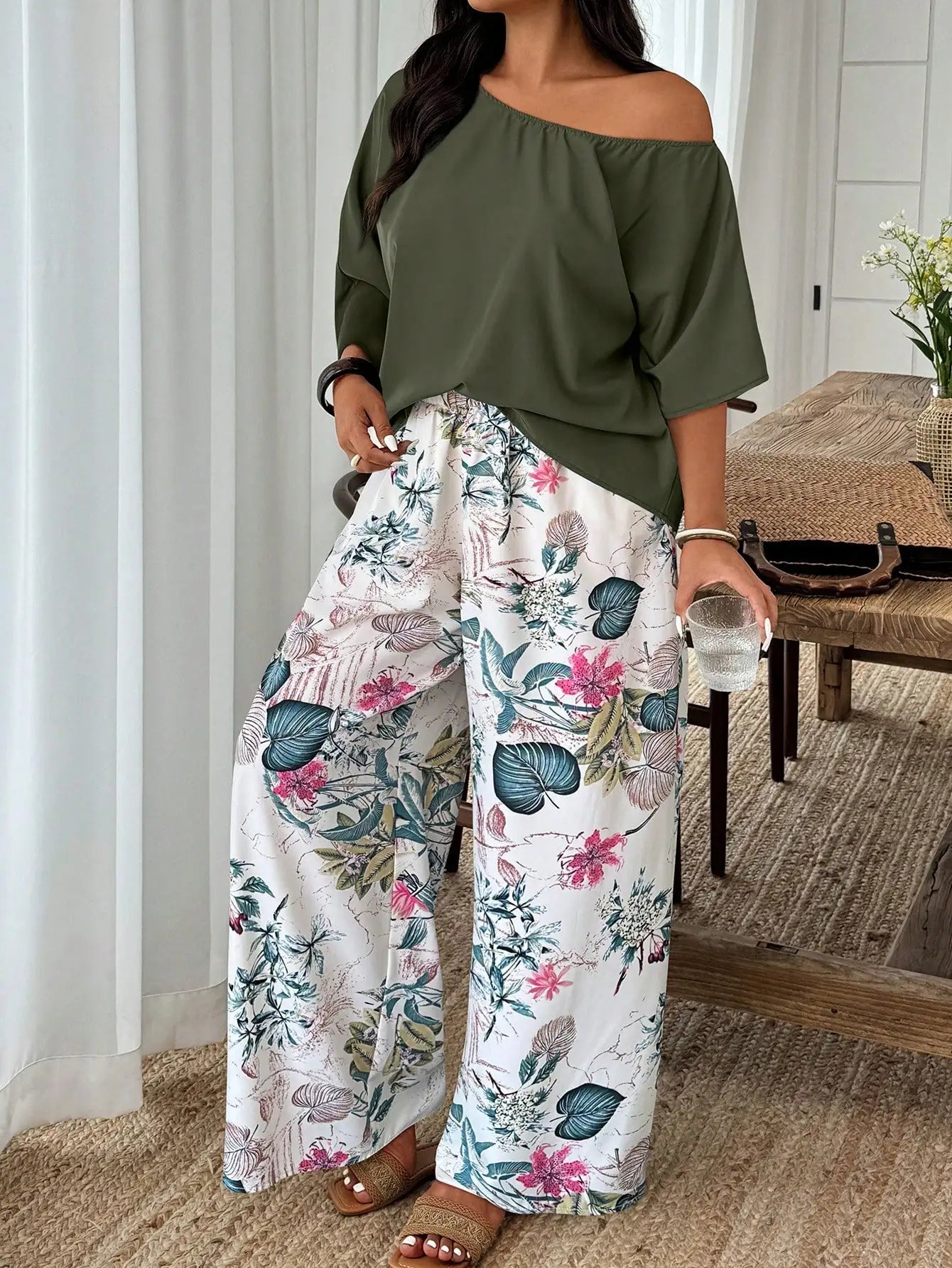 Plus Size Women 2-Piece Linen-Like Crinkle Top And Floral Print Wide Leg Pants Casual Spring Summer Outfit